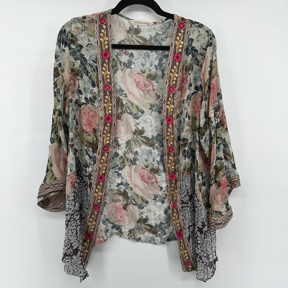 Soft Surroundings Floral Embroidered Kimono Cardigan Top Medium 2DM00
